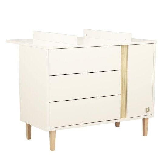 Sauthon Commode 3 tiroirs 1 porte Paloma Blanc Neige/Chêne Strié Sépia/Hêtre Vernis  