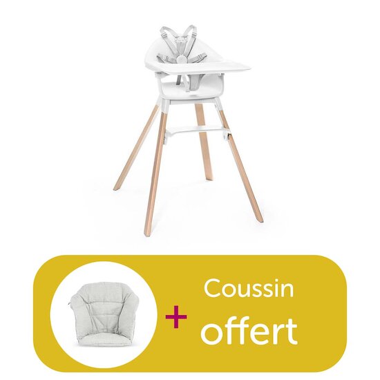 Stokke Chaise haute Clikk Blanche achetée = Coussin Nordic Grey offert  