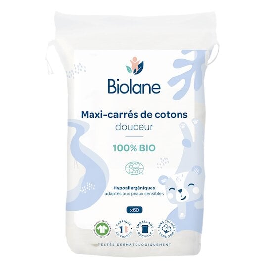 Biolane Maxi-carrés de cotons Bio Bleu clair et blanc 