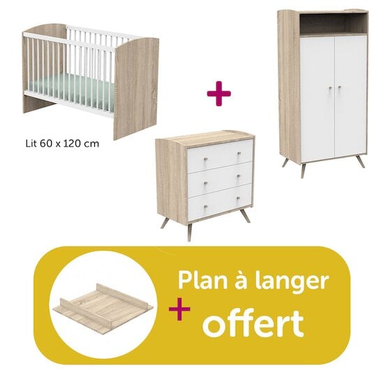 Sauthon Chambre bébé complète Access blanc : lit 60x120, commode, armoire, plan à langer offert  