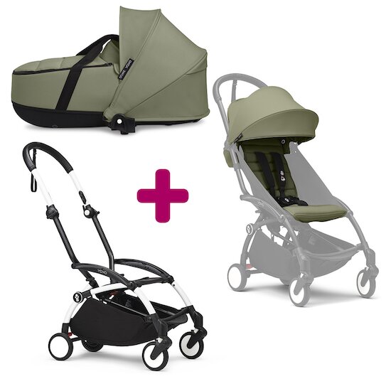 Stokke Pack Poussette duo chassis YOYO³ Blanc + pack 6+ YOYO³ Olive + nacelle YOYO³ Olive  