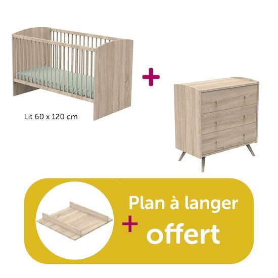 Sauthon Chambre Duo Access bois : lit 60x120, commode, plan à langer offert  