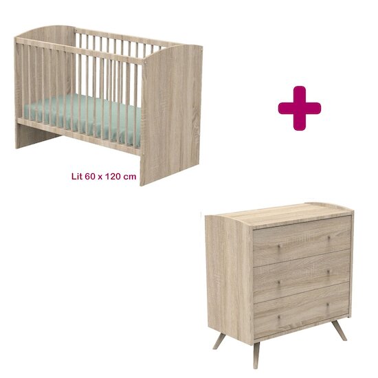 Chambre bébé duo lit 60x120cm + commode antonin bois de Sauthon