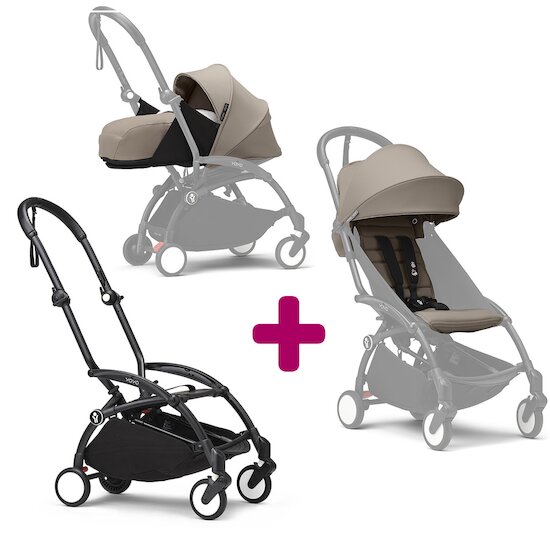 Stokke Pack Poussette duo chassis YOYO³ Noir + pack 6+ YOYO³ Taupe + pack nouveau-né YOYO³ Taupe  