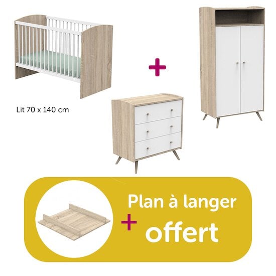 Sauthon Chambre bébé complète Access blanc : lit 70x140, commode, armoire, plan à langer offert  