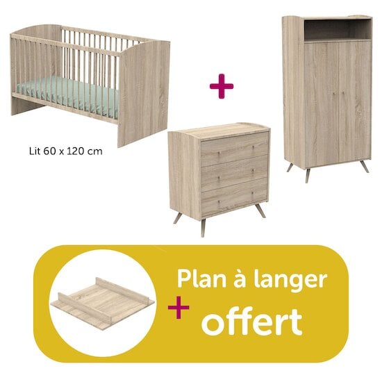 Sauthon Chambre bébé complète Access bois : lit 60x120, commode, armoire, plan à langer offert  