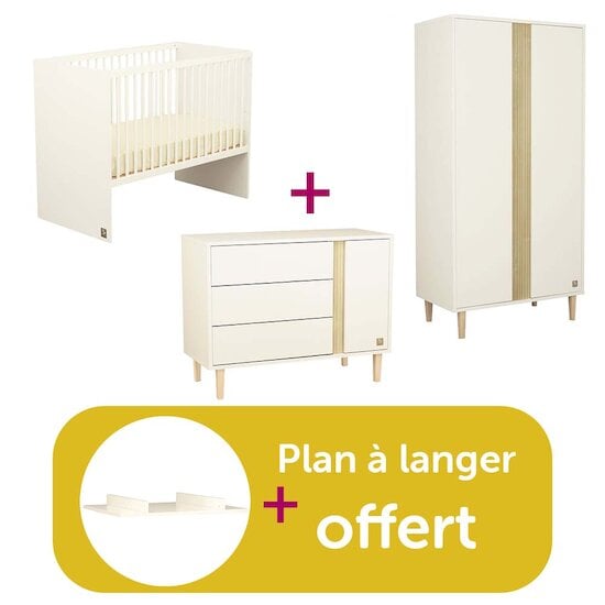 Sauthon Chambre Duo Paloma : Lit 120 X 60  Paloma Blanc, Commode  3 Tiroirs + 1 porte Blanc Paloma, Amoire 2 portes Blanc, Plan à langer Grand, modèle blanc offert   