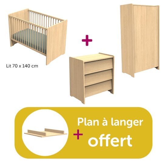 Sauthon Chambre bébé complète Cannelle Chêne Miel: lit 140x70, commode, armoire, plan à langer offert   