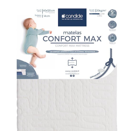 Candide Matelas Confort Max déhoussable 360° Blanc/Bleu  Candide Matelas Confort Max déhoussable 360° Blanc/Bleu