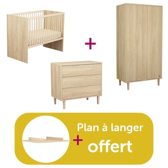 Sauthon Chambre Trio Paloma : Lit 60x120 bébé Paloma bois, Commode 3 tiroirs Paloma bois, Armoire 2 portes Paloma bois, Plan à langer bois offert   