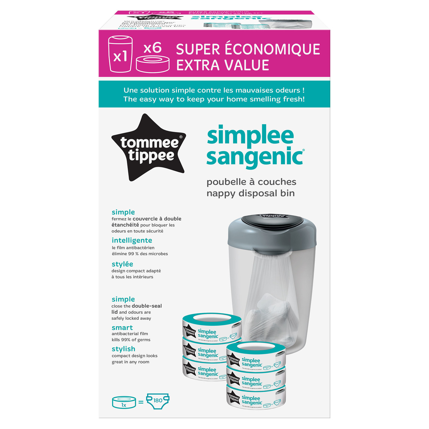 Poubelle à couches blanc + 6 recharges Twist & Click TOMMEE TIPPEE